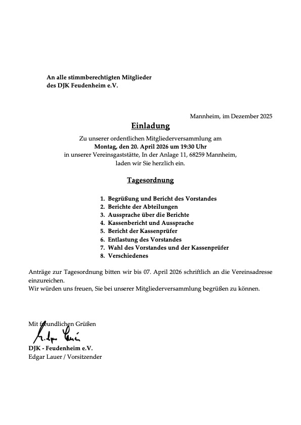 Einladung zur ordentlichen Mitgliederversammlung 2026