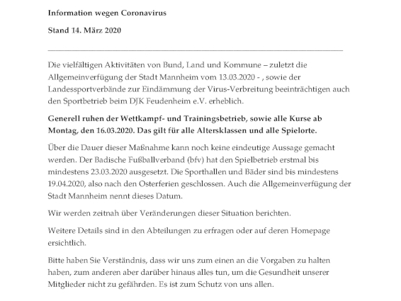 Information wegen Coronavirus