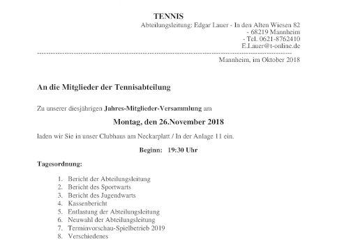 Tennis Jahres-Mitglieder-Versammlung